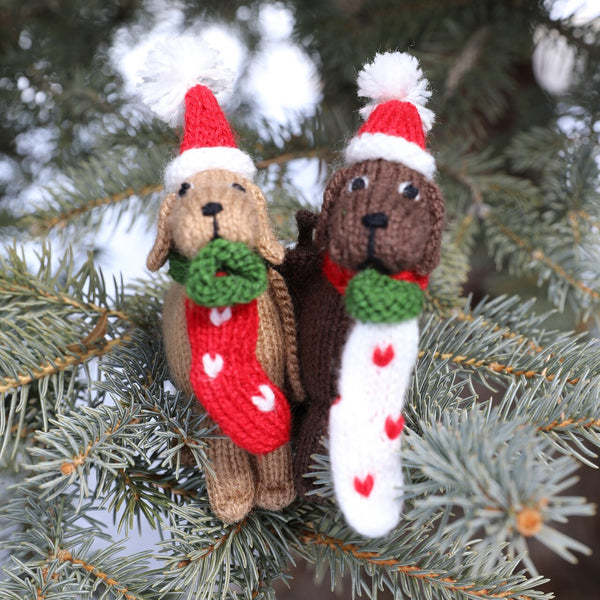 Dog with Stocking Ornament- set of 2