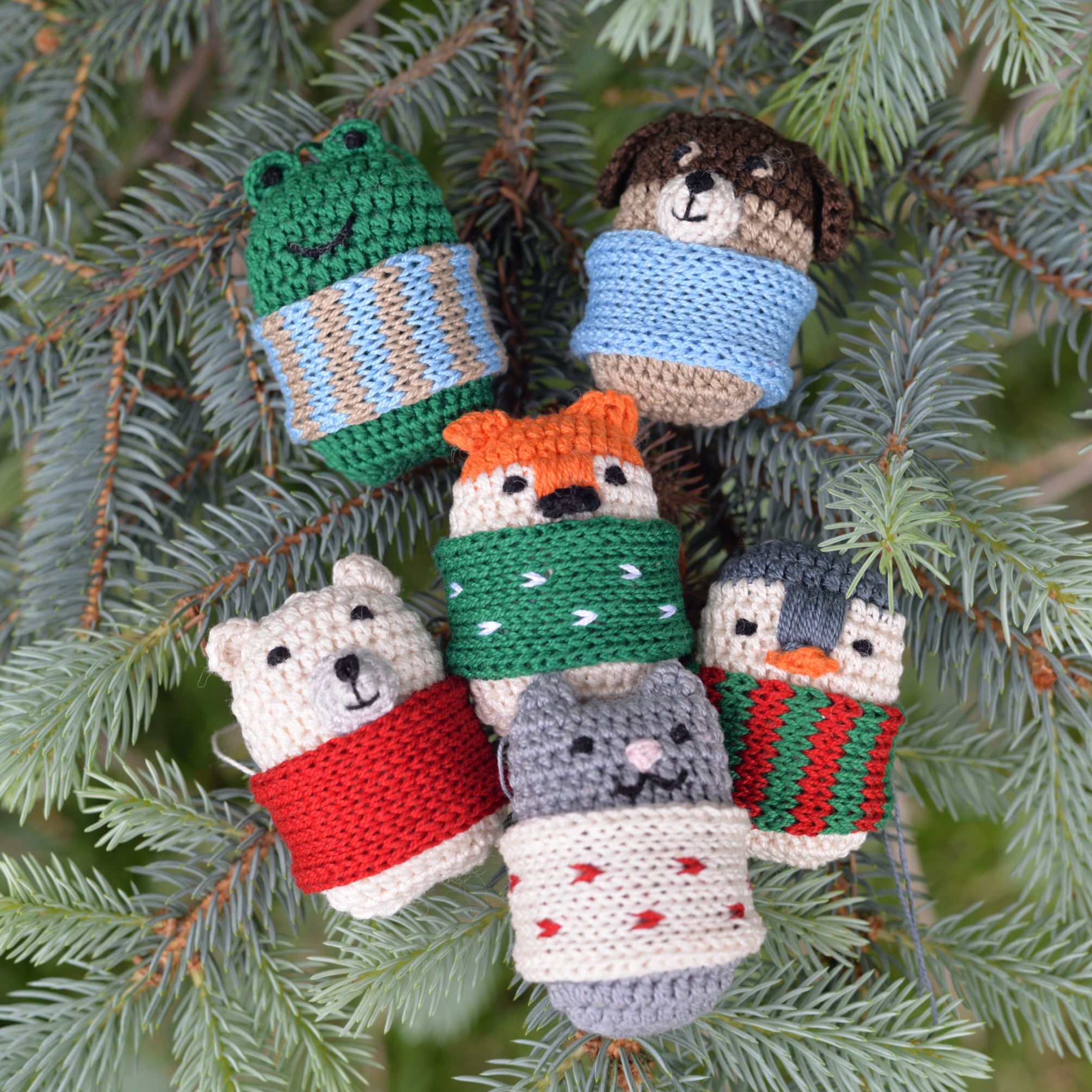 Crochet Animals in Scarves Ornaments, set of 6