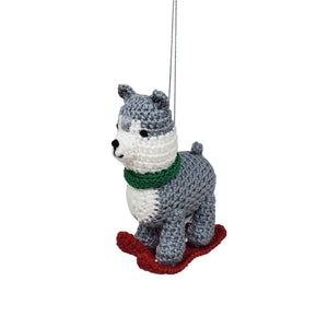 Crochet Skiing Dog Ornament