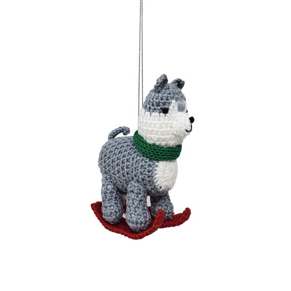 Crochet Skiing Dog Ornament