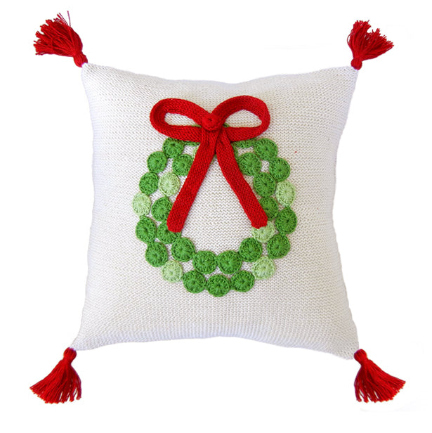 Green Wreath 10" Pillow, Ecru