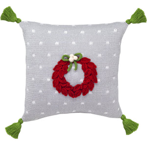 10" Red Wreath Pillow, Grey
