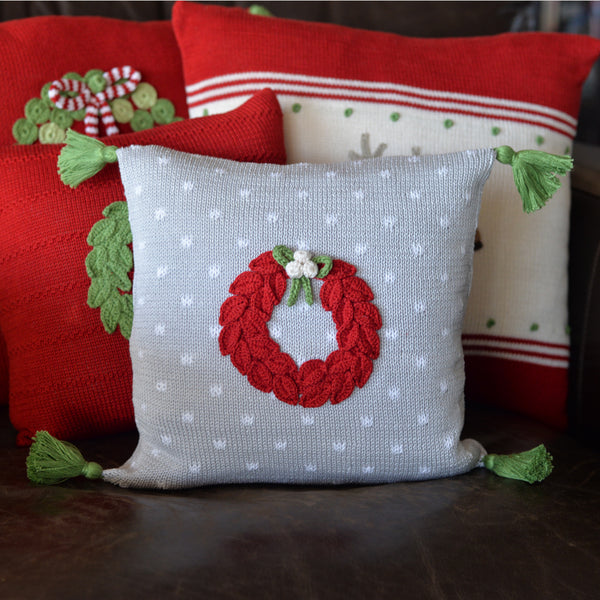 10" Red Wreath Pillow, Grey