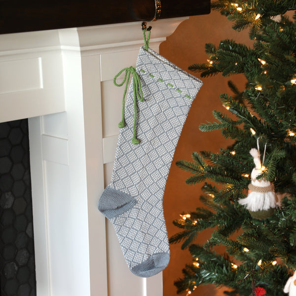 Grey Patterned Stocking with Green Bow