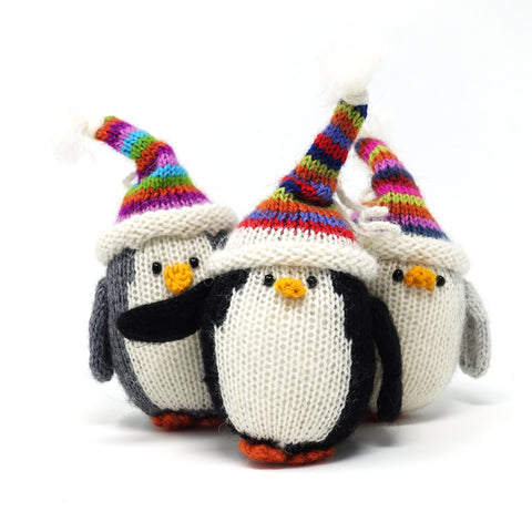 Penguin with Multi-Colored Hat Ornament- set of 3