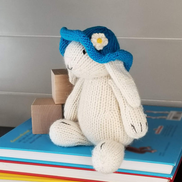 White Bunny with Blue Sun Hat