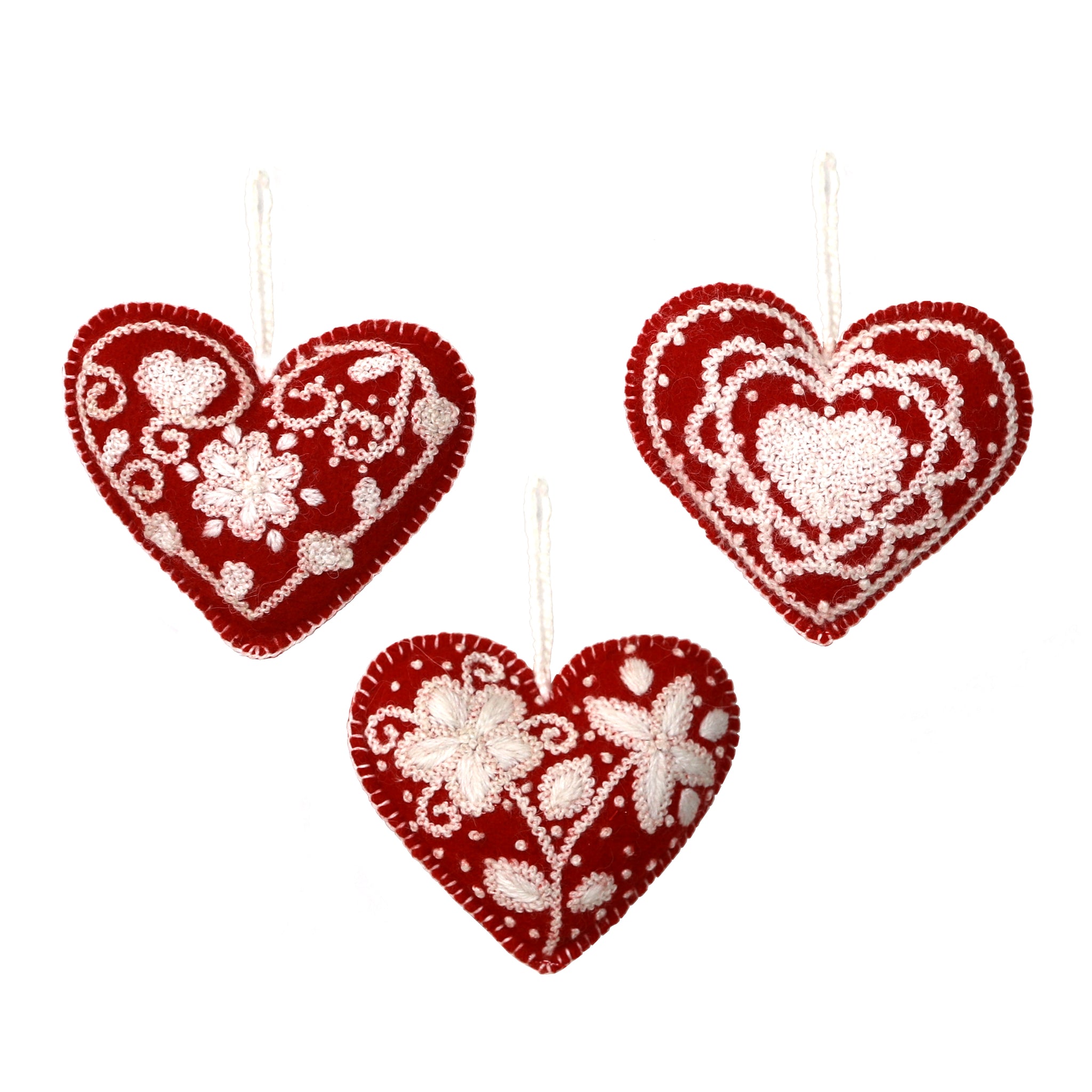 Embroidered Heart Ornaments - set of 3